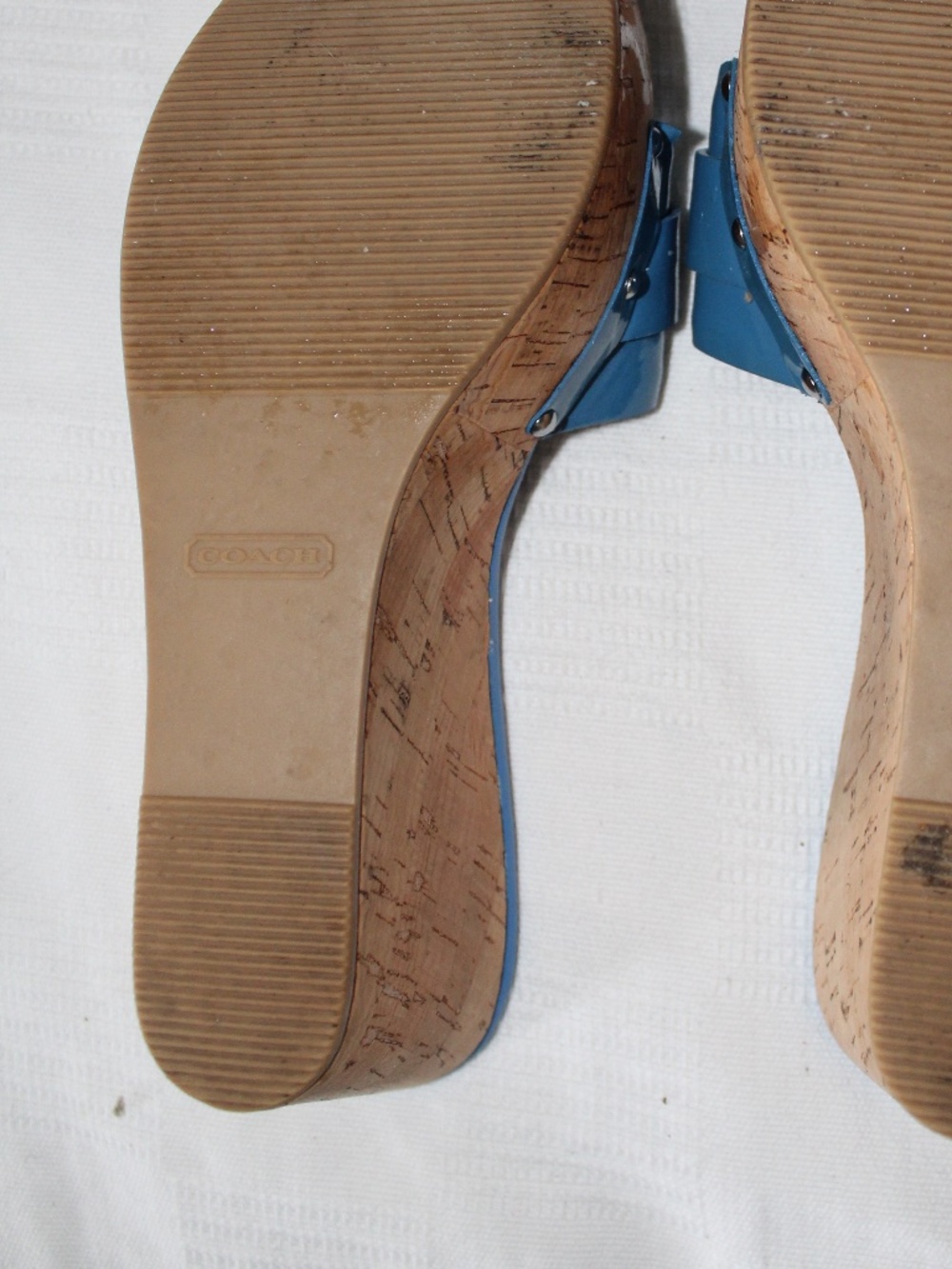 COACH Royal Blue Patent Leather Cork Wedge Platform Sandals 8B - Picture 6 of 9